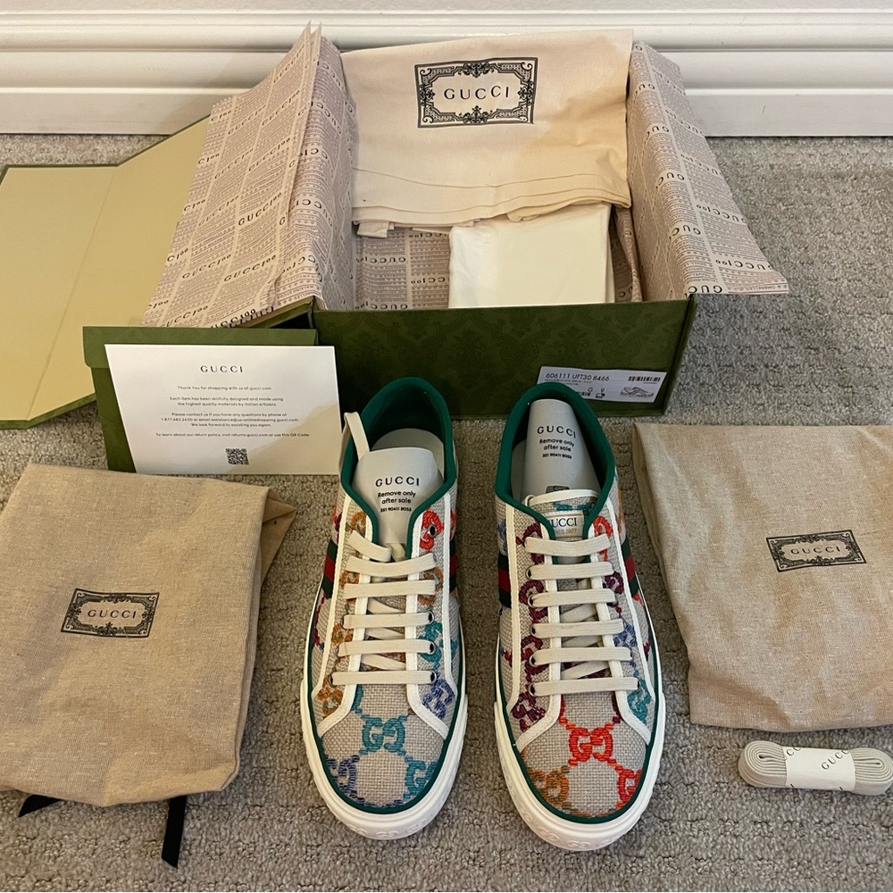 NWT - Gucci Tennis 1977 Multicolor Psychedelic Linen Logo Sneakers Size 9 - Picture 7 of 13